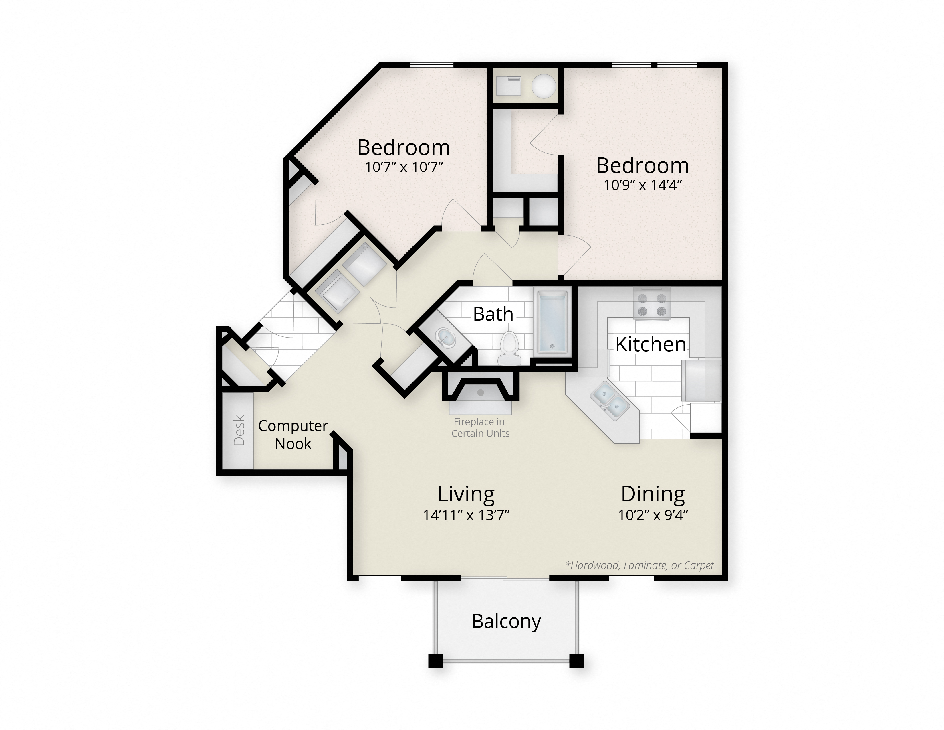 Floor plan for 2 beds, 1 bath, 1048 sqft